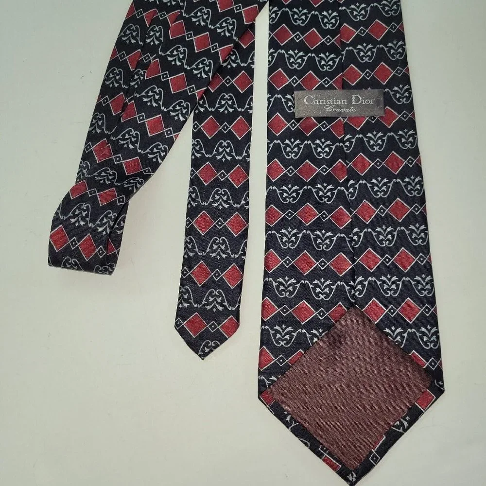 Christian Dior Cravate Tie Mens‎ Silk Handmade Black/Red Print Preppy Business